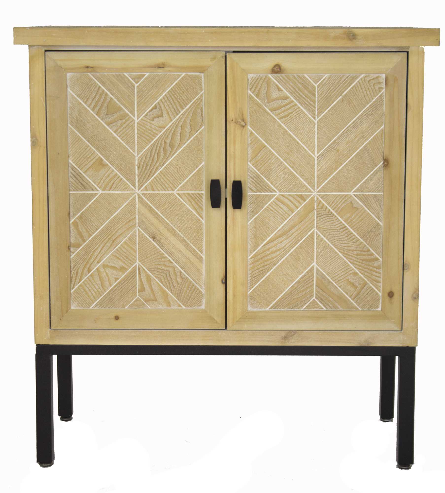 31.5" X 15" X 33.8" White Washed Parquet Iron Wood MDF Sideboard with an Iron Frame and Wood Doors