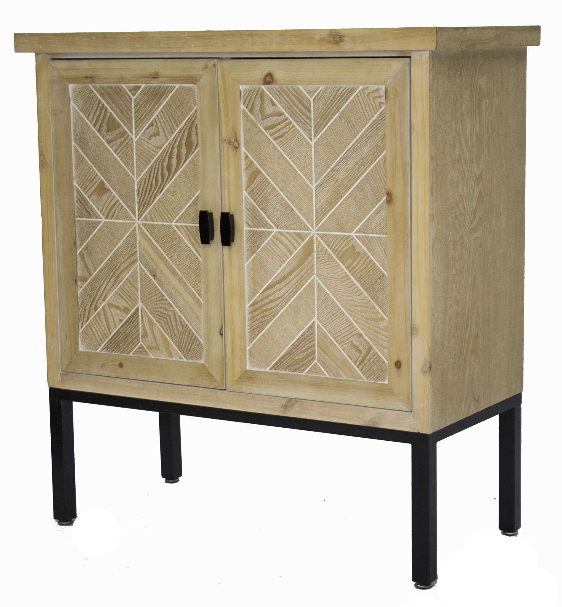 31.5" X 15" X 33.8" White Washed Parquet Iron Wood MDF Sideboard with an Iron Frame and Wood Doors