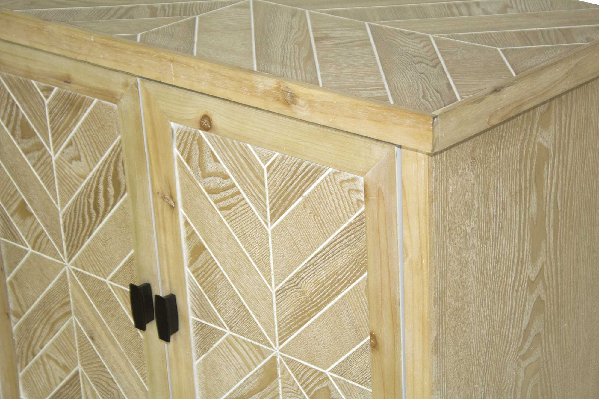 31.5" X 15" X 33.8" White Washed Parquet Iron Wood MDF Sideboard with an Iron Frame and Wood Doors