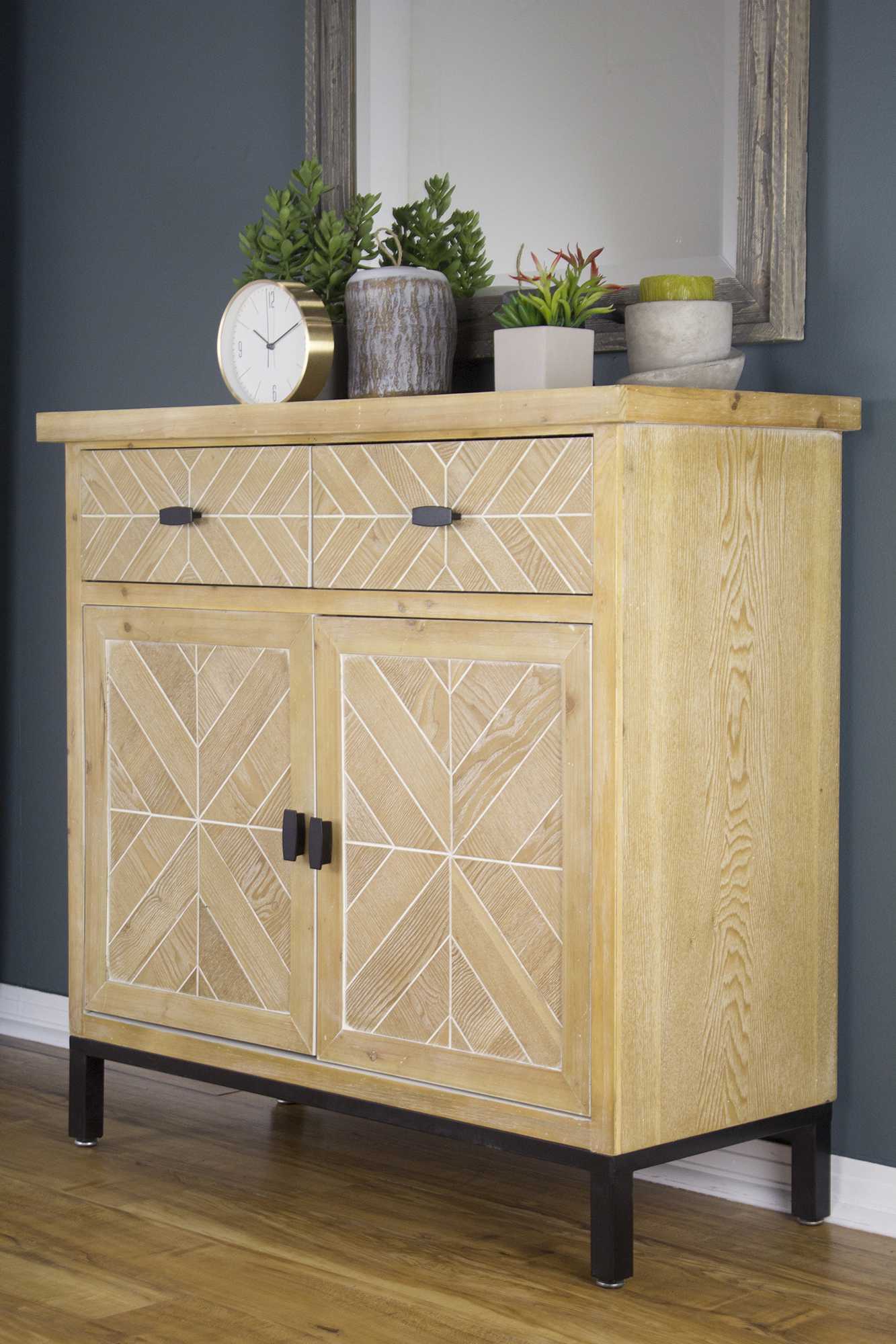 White Washed Parquet Wood  Sideboard with  Wood Drawers and  Wood Doors