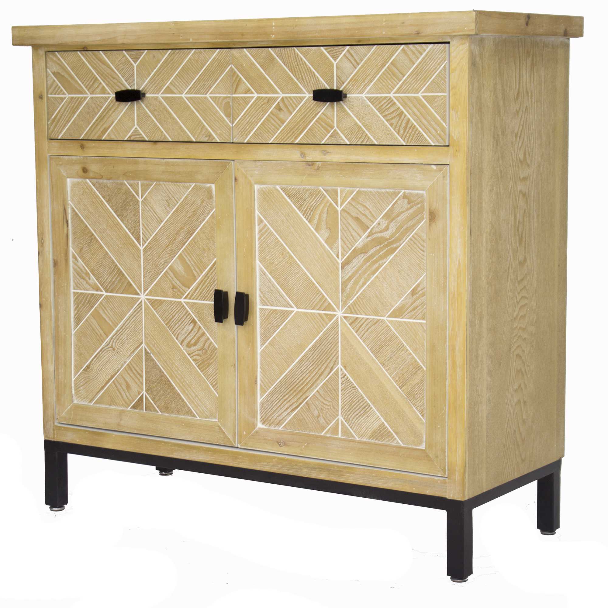 White Washed Parquet Wood  Sideboard with  Wood Drawers and  Wood Doors