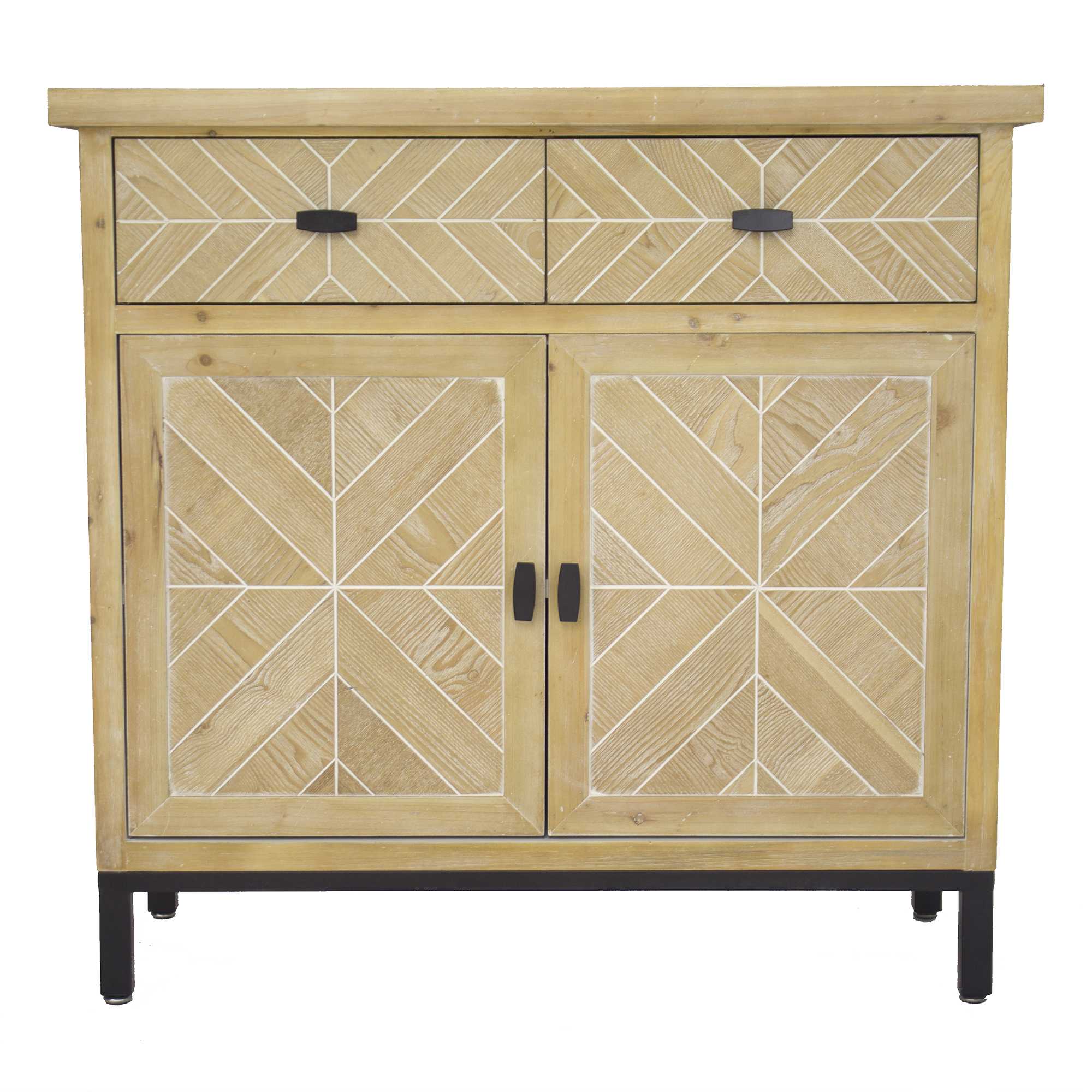 White Washed Parquet Wood  Sideboard with  Wood Drawers and  Wood Doors