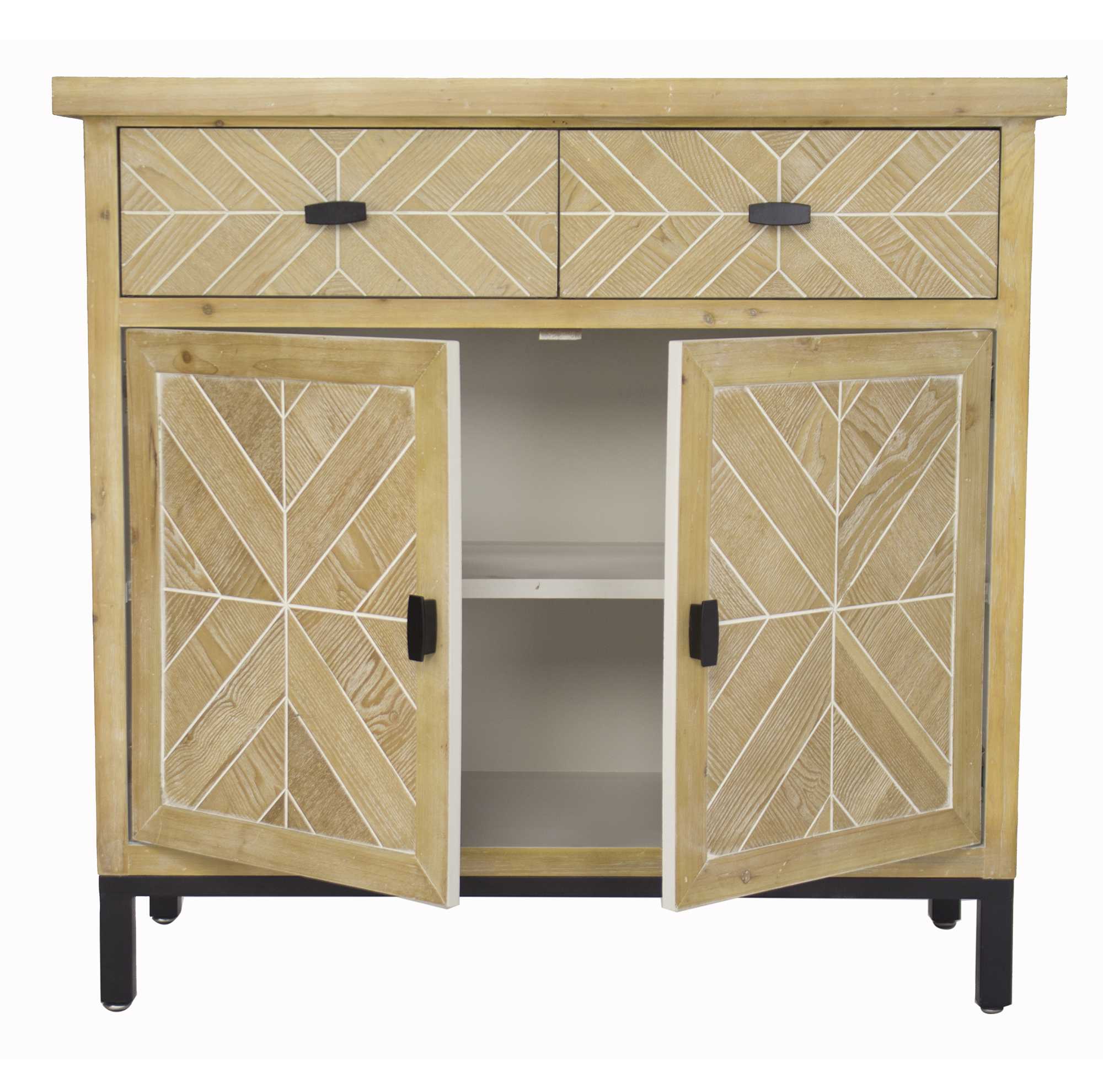 White Washed Parquet Wood  Sideboard with  Wood Drawers and  Wood Doors