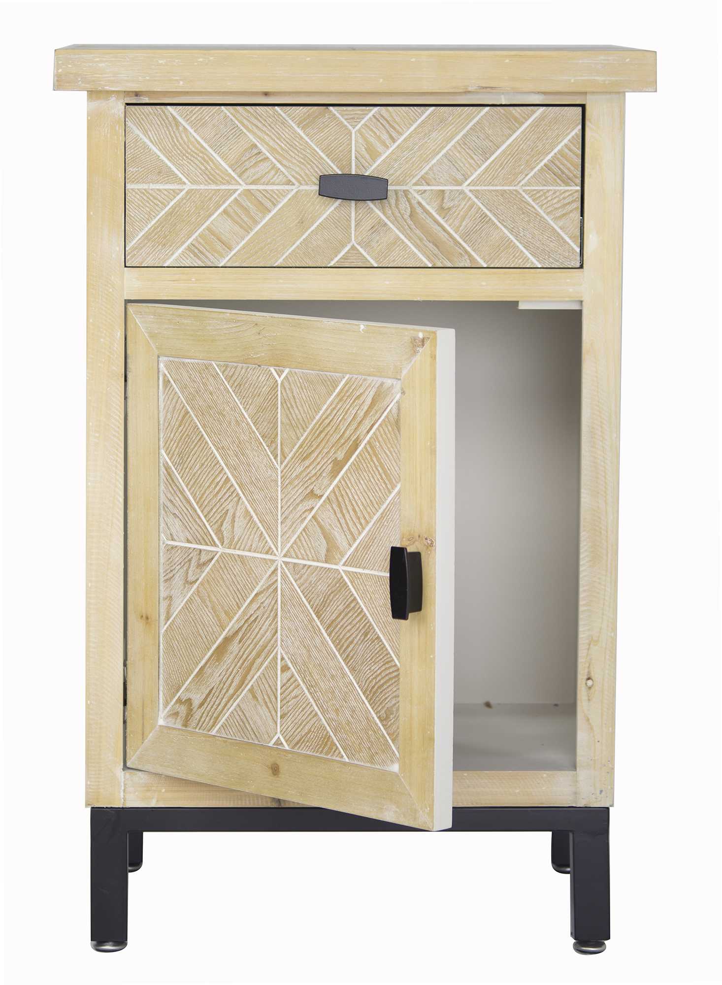 18.9" X 15" X 28.7" White Washed Parquet Iron Wood MDF Accent Cabinet with aDrawer and Door