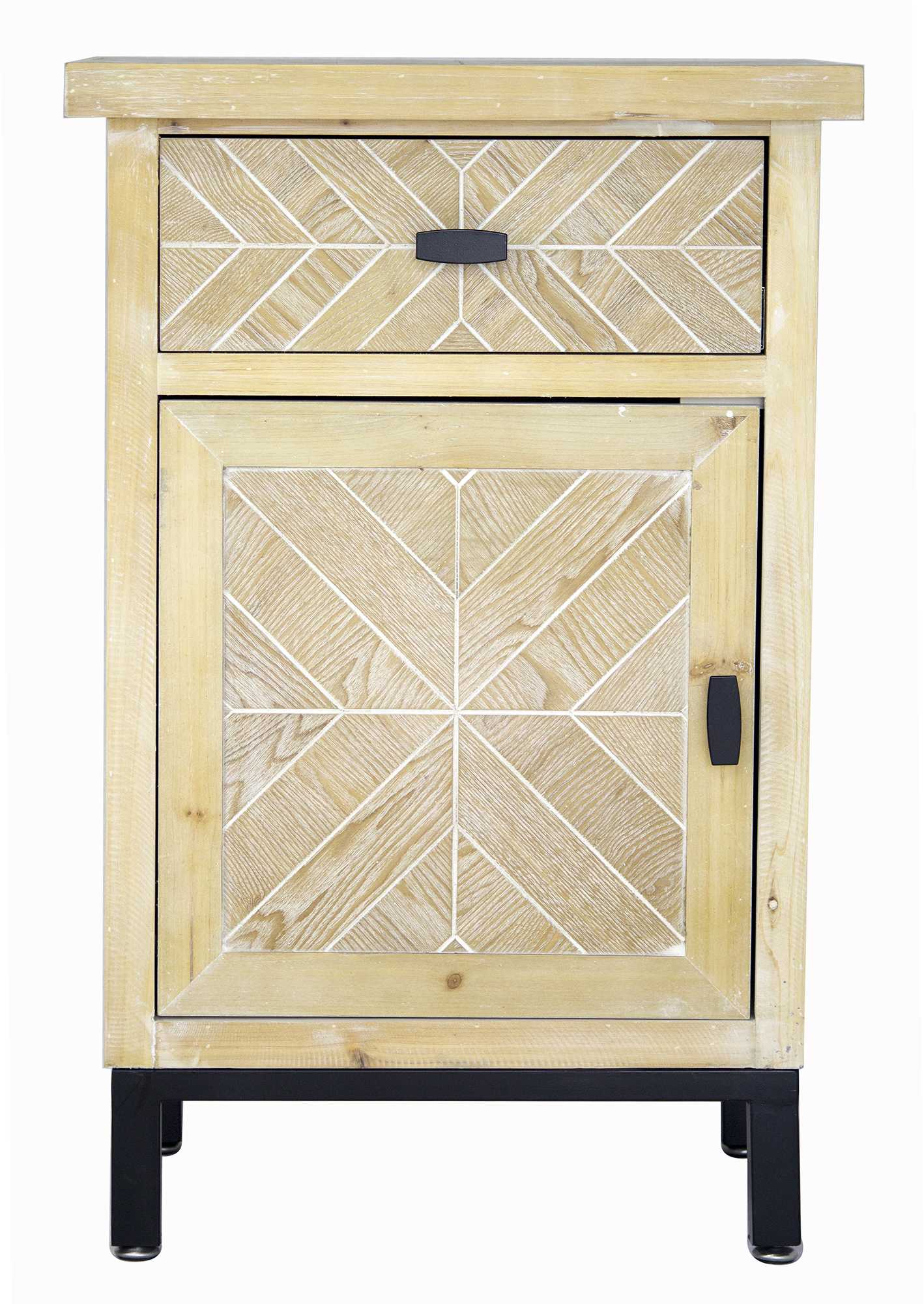18.9" X 15" X 28.7" White Washed Parquet Iron Wood MDF Accent Cabinet with aDrawer and Door