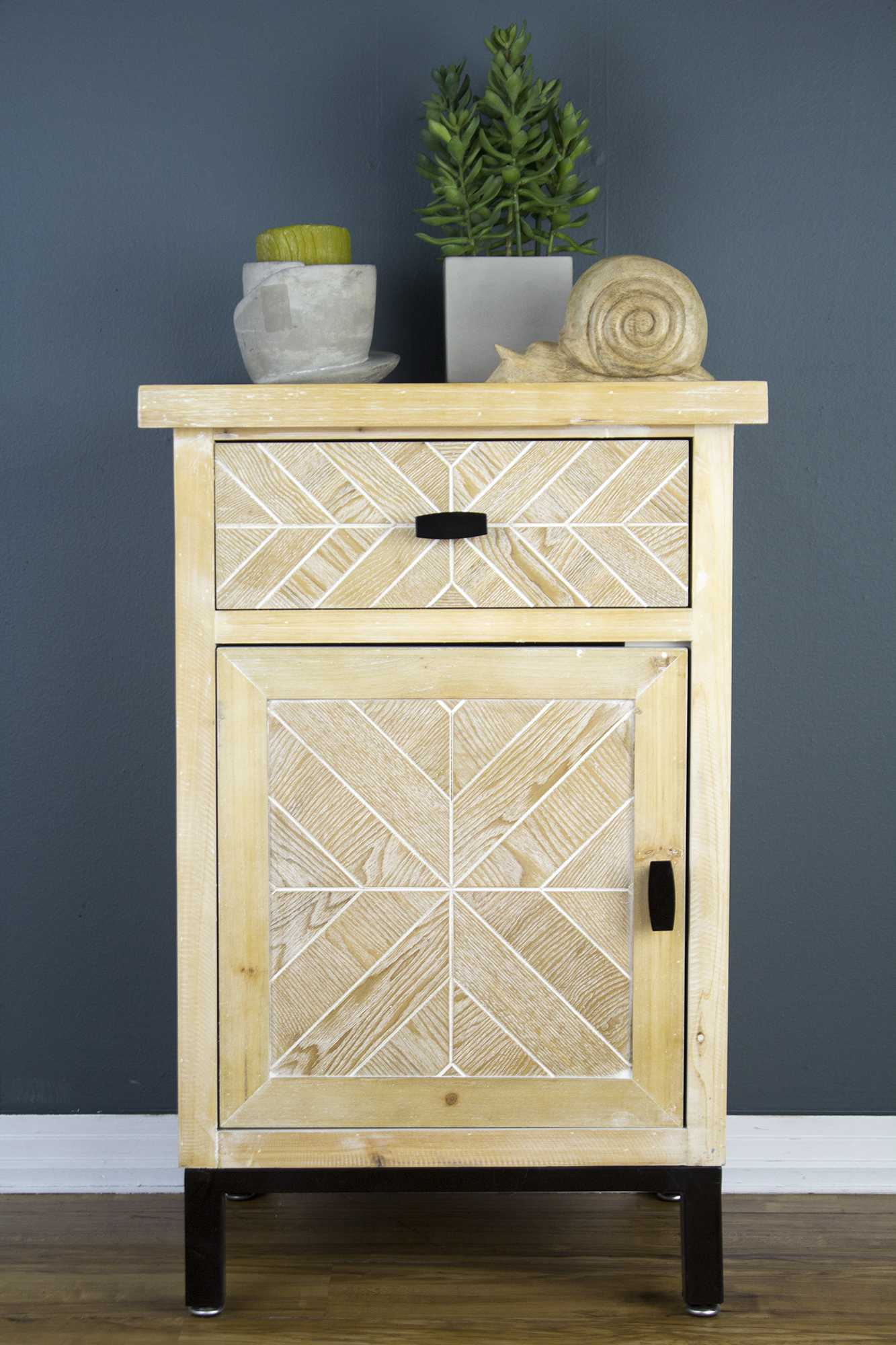 18.9" X 15" X 28.7" White Washed Parquet Iron Wood MDF Accent Cabinet with aDrawer and Door