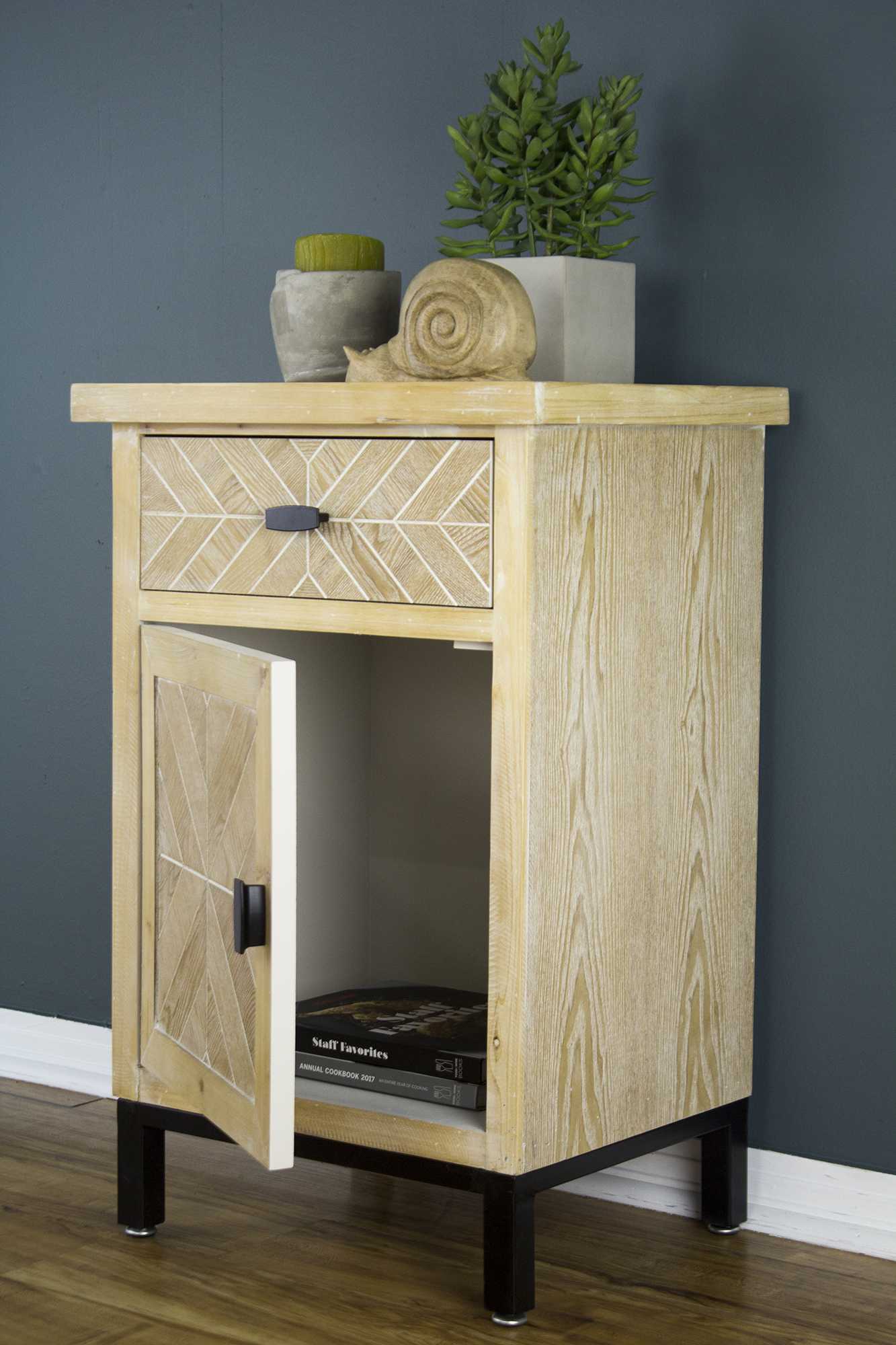 18.9" X 15" X 28.7" White Washed Parquet Iron Wood MDF Accent Cabinet with aDrawer and Door