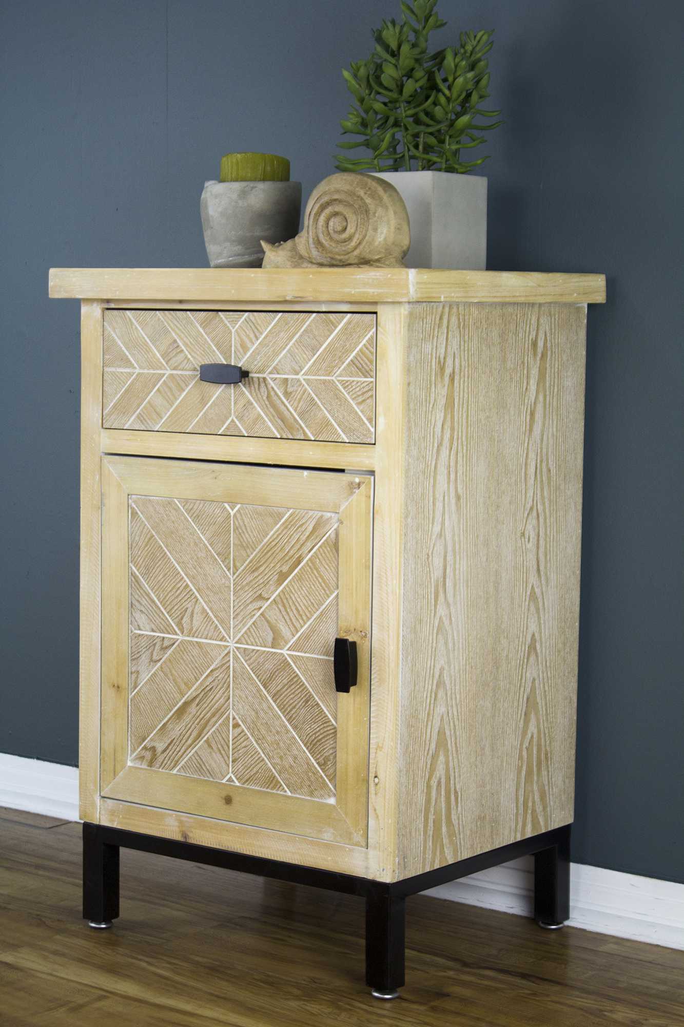 18.9" X 15" X 28.7" White Washed Parquet Iron Wood MDF Accent Cabinet with aDrawer and Door