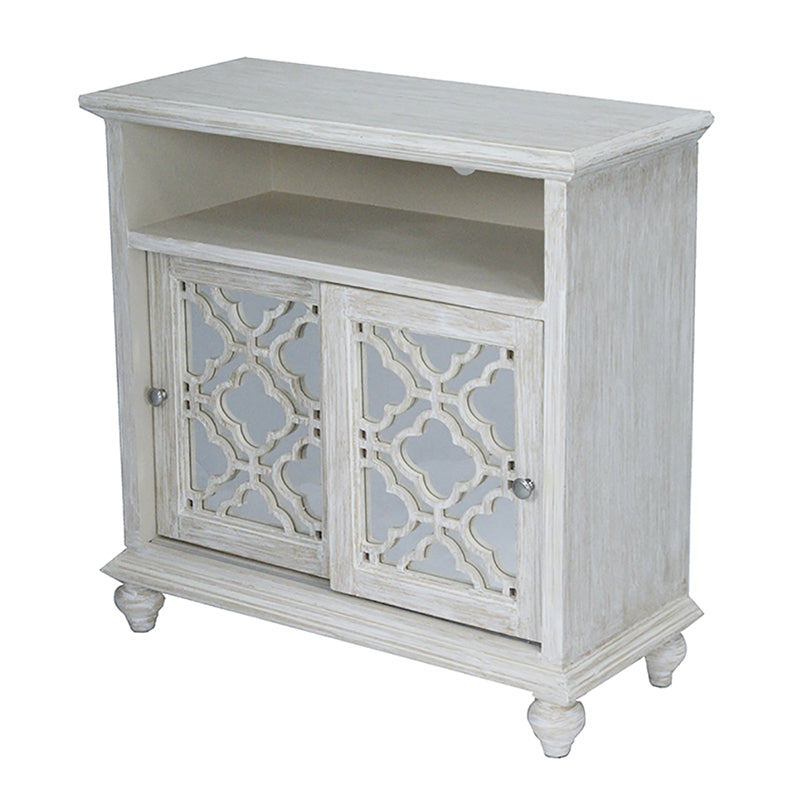 32" X 14" X 32" Distressed White MDF  Wood  Mirrored Glass Entertainment Cabinet with  Doors