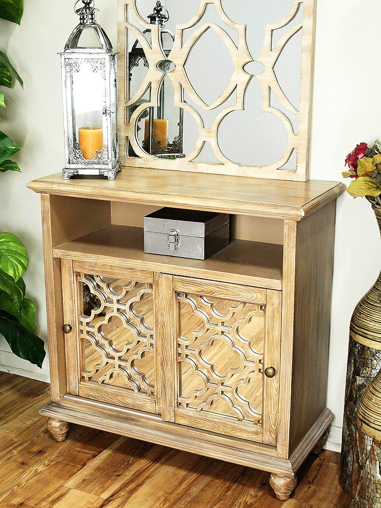 32" X 14" X 32" Ashwood Veneer MDF  Wood  Mirrored Glass Entertainment Cabinet with  Doors