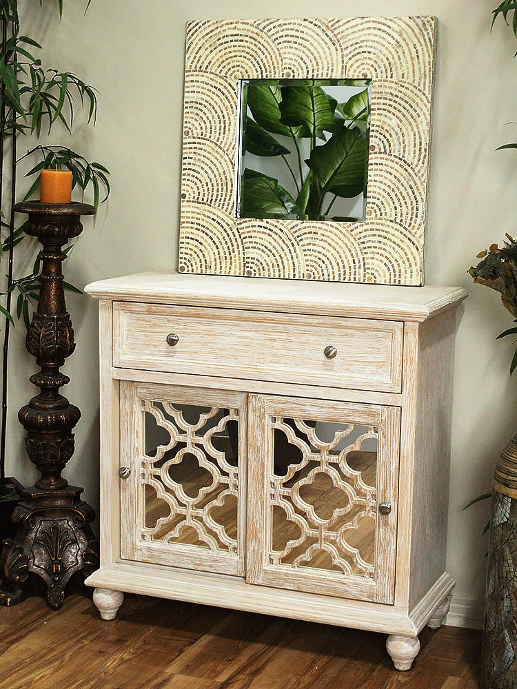 32" X 14" X 32" Distressed White MDF  Wood  Mirrored Glass Sideboard with  Doors and a Drawer