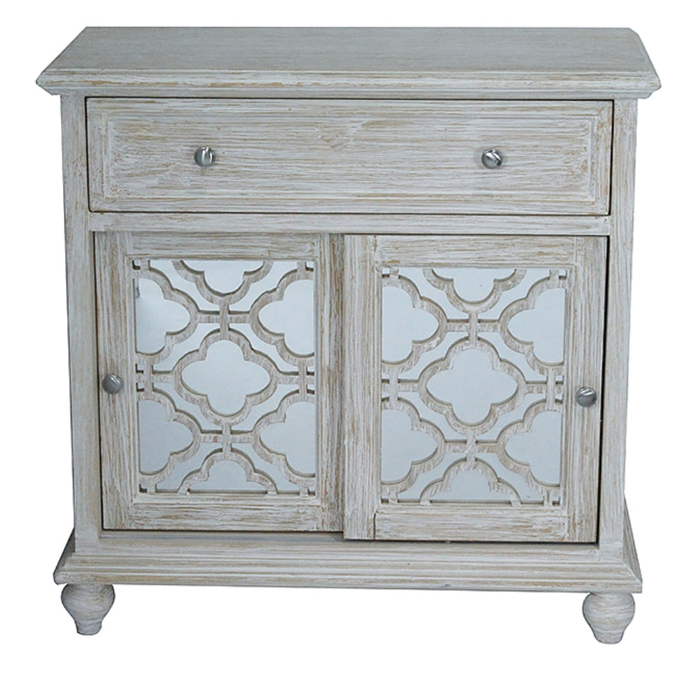 32" X 14" X 32" Distressed White MDF  Wood  Mirrored Glass Sideboard with  Doors and a Drawer
