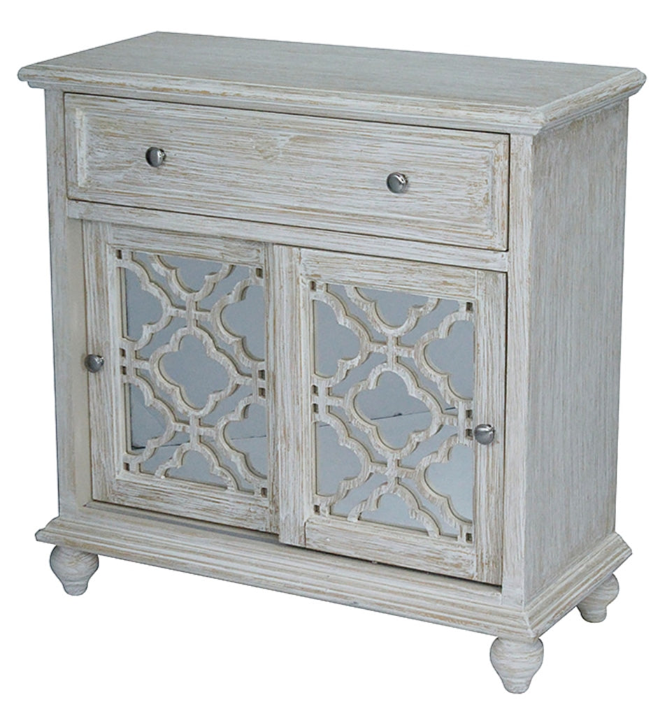 32" X 14" X 32" Distressed White MDF  Wood  Mirrored Glass Sideboard with  Doors and a Drawer