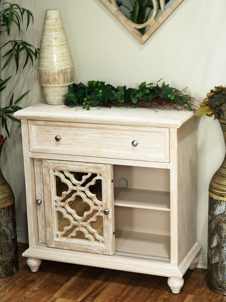 32" X 14" X 32" Distressed White MDF  Wood  Mirrored Glass Sideboard with  Doors and a Drawer