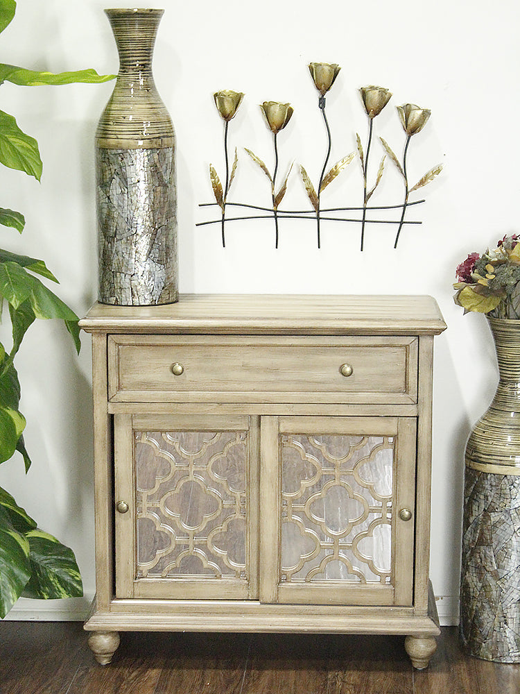 32" X 14" X 32" Ashwood Veneer MDF  Wood  Mirrored Glass Sideboard with  Doors and a Drawer