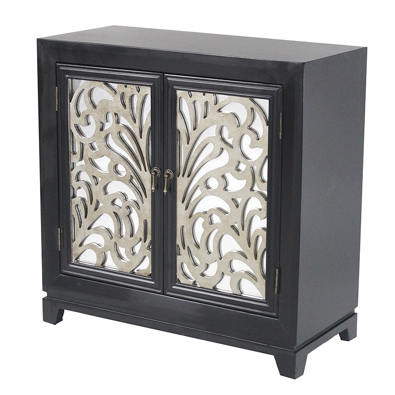 32" X 14" X 32" Black W  Silver MDF  Wood  Mirrored Glass Sideboard with  Doors and Silver Paint
