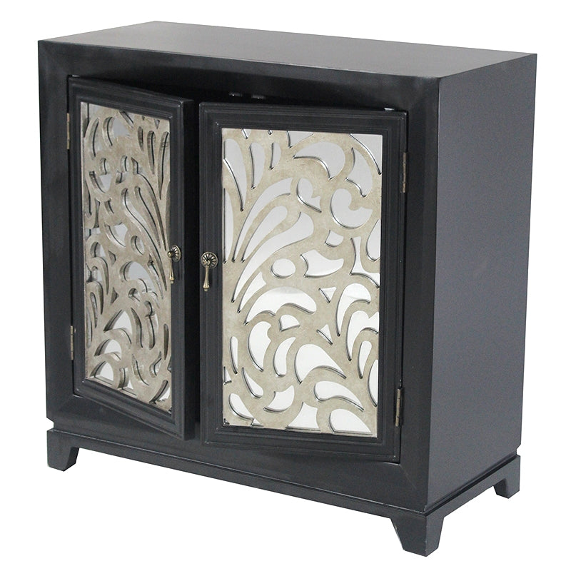 32" X 14" X 32" Black W  Silver MDF  Wood  Mirrored Glass Sideboard with  Doors and Silver Paint
