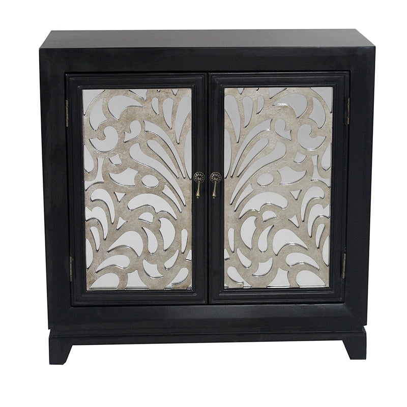 32" X 14" X 32" Black W  Silver MDF  Wood  Mirrored Glass Sideboard with  Doors and Silver Paint