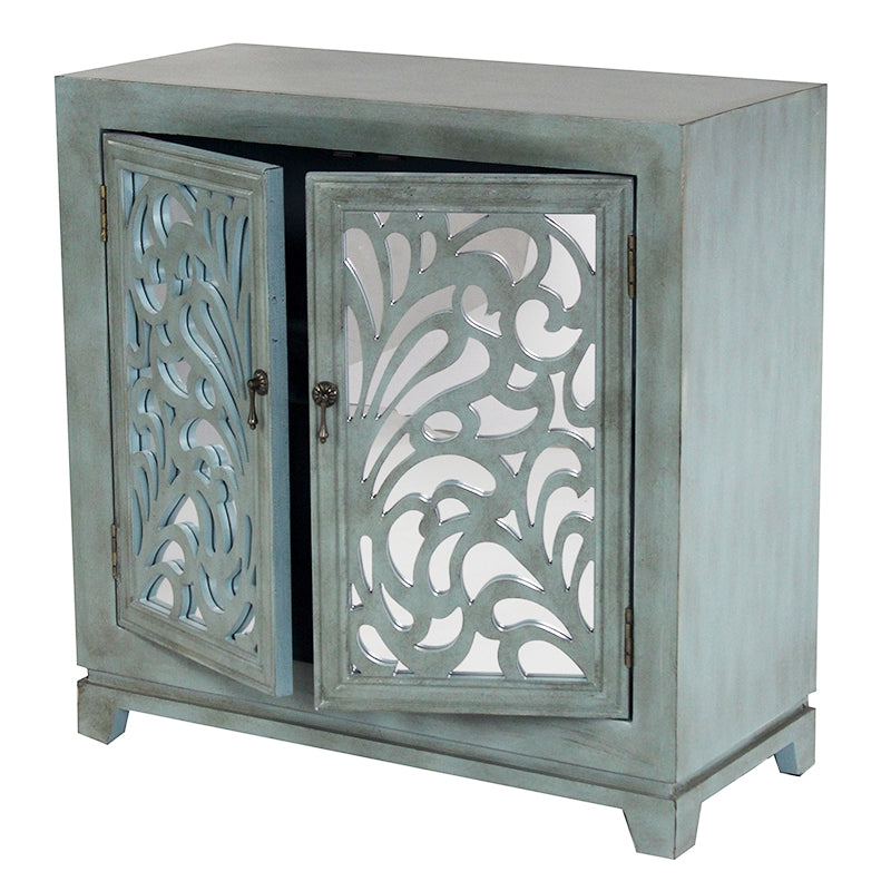 32" X 14" X 32" French Blue MDF  Wood  Mirrored Glass Sideboard with  Doors