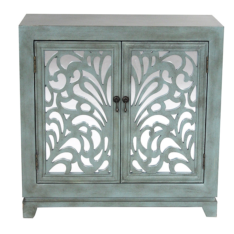 32" X 14" X 32" French Blue MDF  Wood  Mirrored Glass Sideboard with  Doors