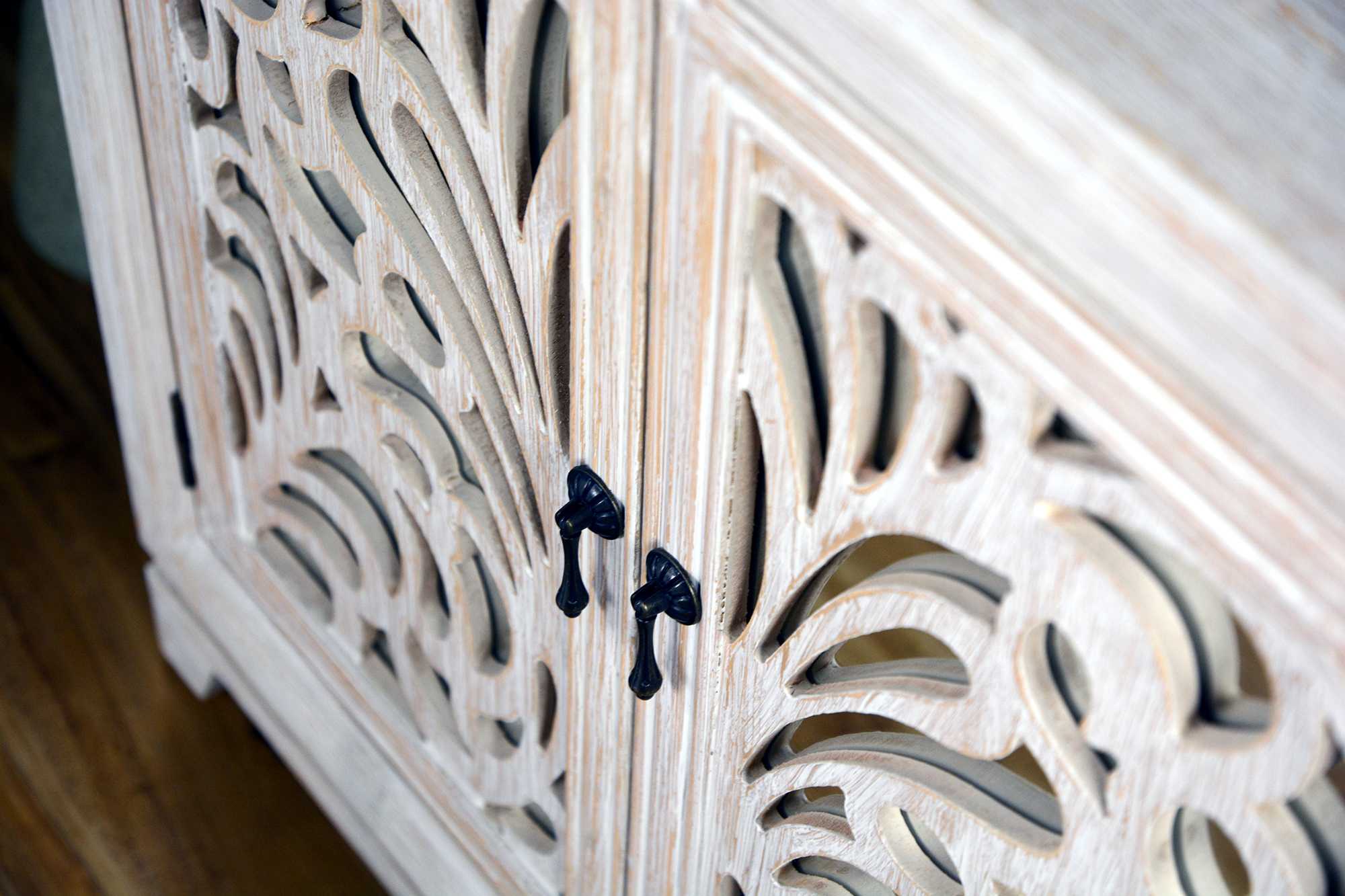 32" X 14" X 32" Distressed White MDF  Wood  Mirrored Glass Sideboard with  Doors