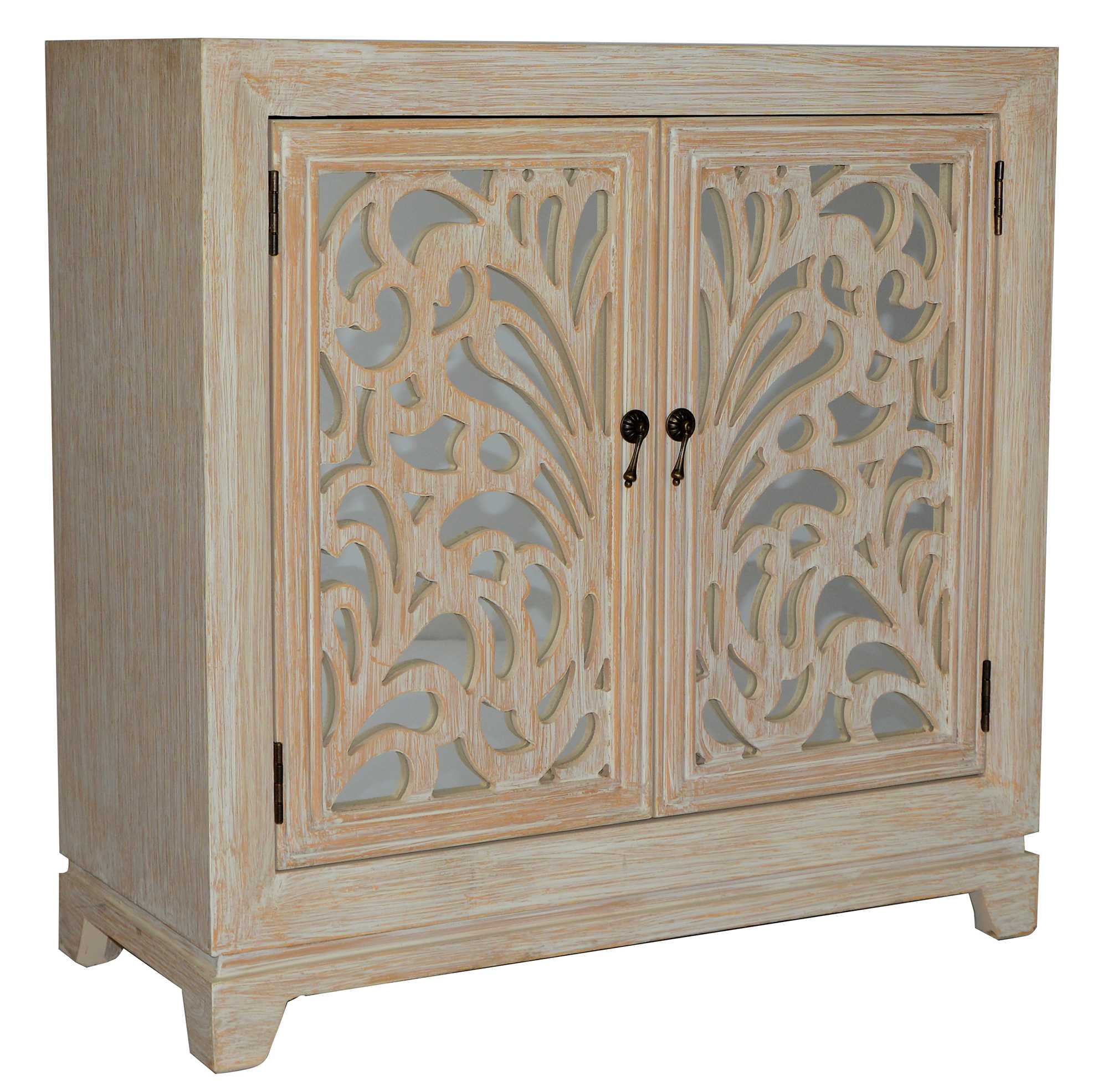 32" X 14" X 32" Distressed White MDF  Wood  Mirrored Glass Sideboard with  Doors