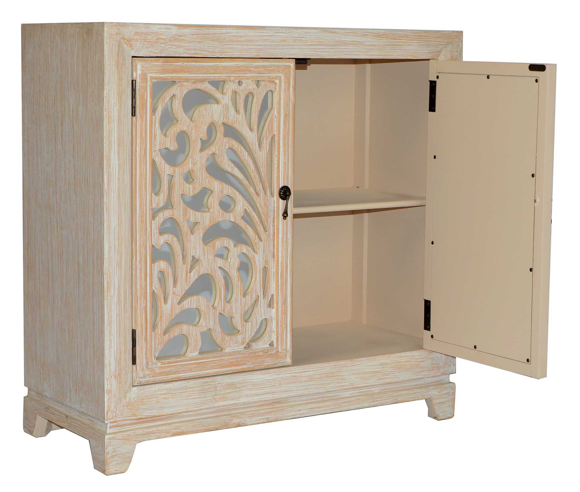 32" X 14" X 32" Distressed White MDF  Wood  Mirrored Glass Sideboard with  Doors