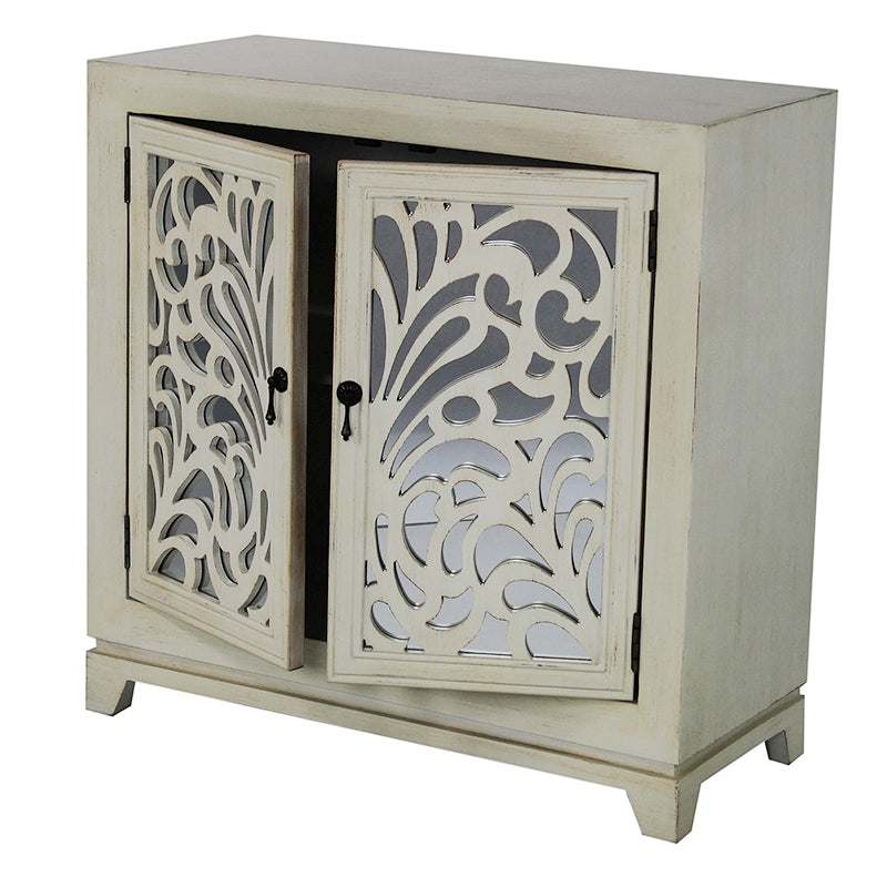 32" X 14" X 32" Ivory MDF  Wood  Mirrored Glass Sideboard with  Doors and Mirror Inserts