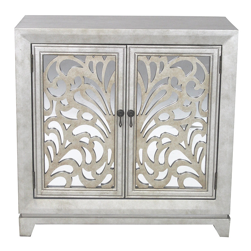 32" X 14" X 32" Antique Silver W  Gold MDF  Wood  Mirrored Glass Sideboard with  Doors and Gold Paint