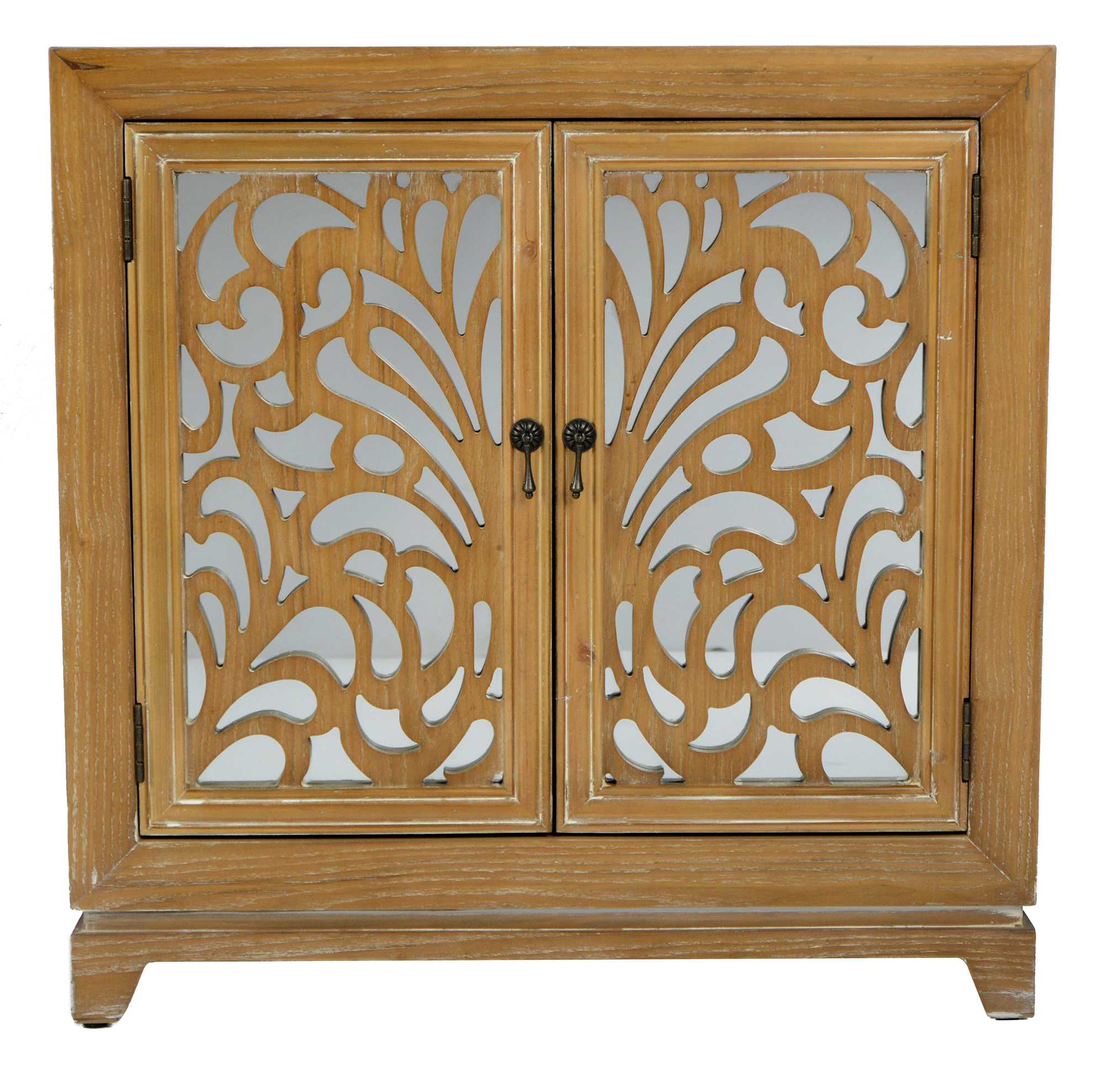 32" X 14" X 32" Ashwood Veneer MDF  Wood  Mirrored Glass Sideboard with  Doors
