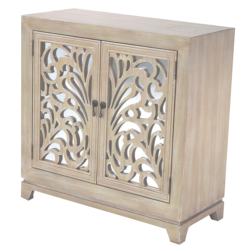 32" X 14" X 32" White Wash MDF  Wood  Mirrored Glass Sideboard with  Doors