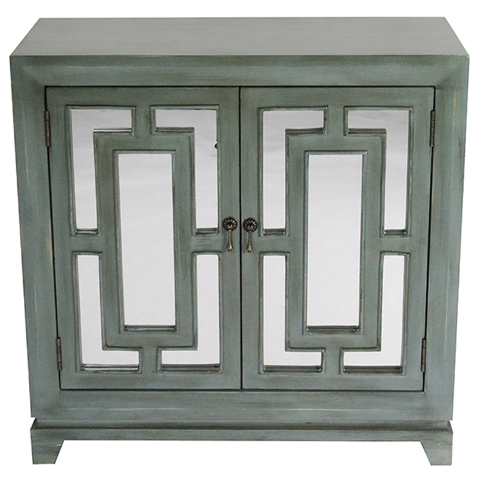 32" X 14" X 32" French Blue MDF  Wood  Mirrored Glass Sideboard with  Doors