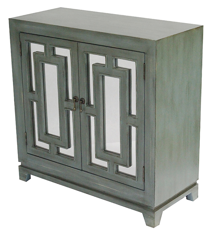 32" X 14" X 32" French Blue MDF  Wood  Mirrored Glass Sideboard with  Doors