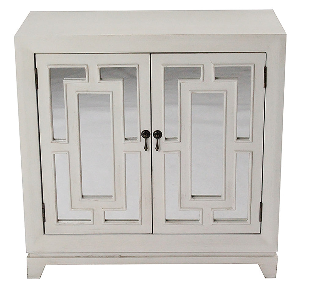 32" X 14" X 32" Ivory MDF  Wood  Mirrored Glass Sideboard with  Doors and Blue Paint