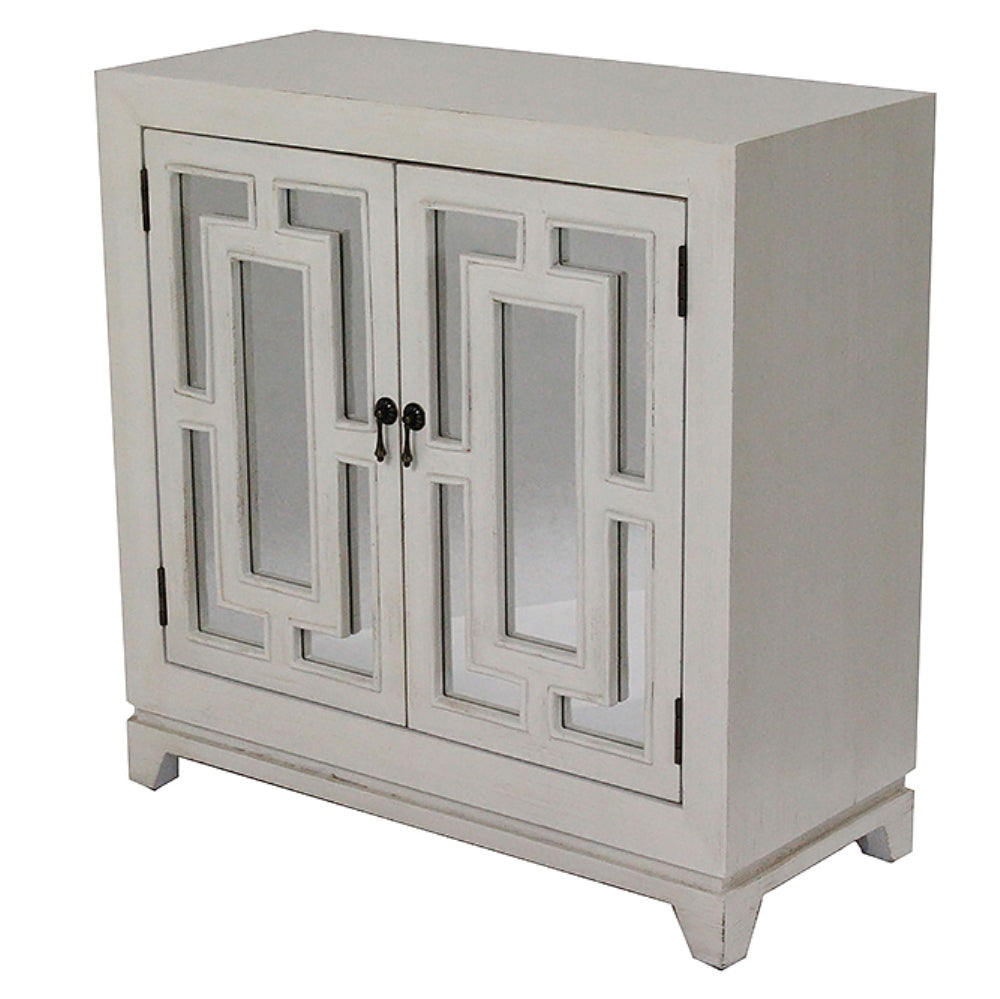 32" X 14" X 32" Ivory MDF  Wood  Mirrored Glass Sideboard with  Doors and Blue Paint