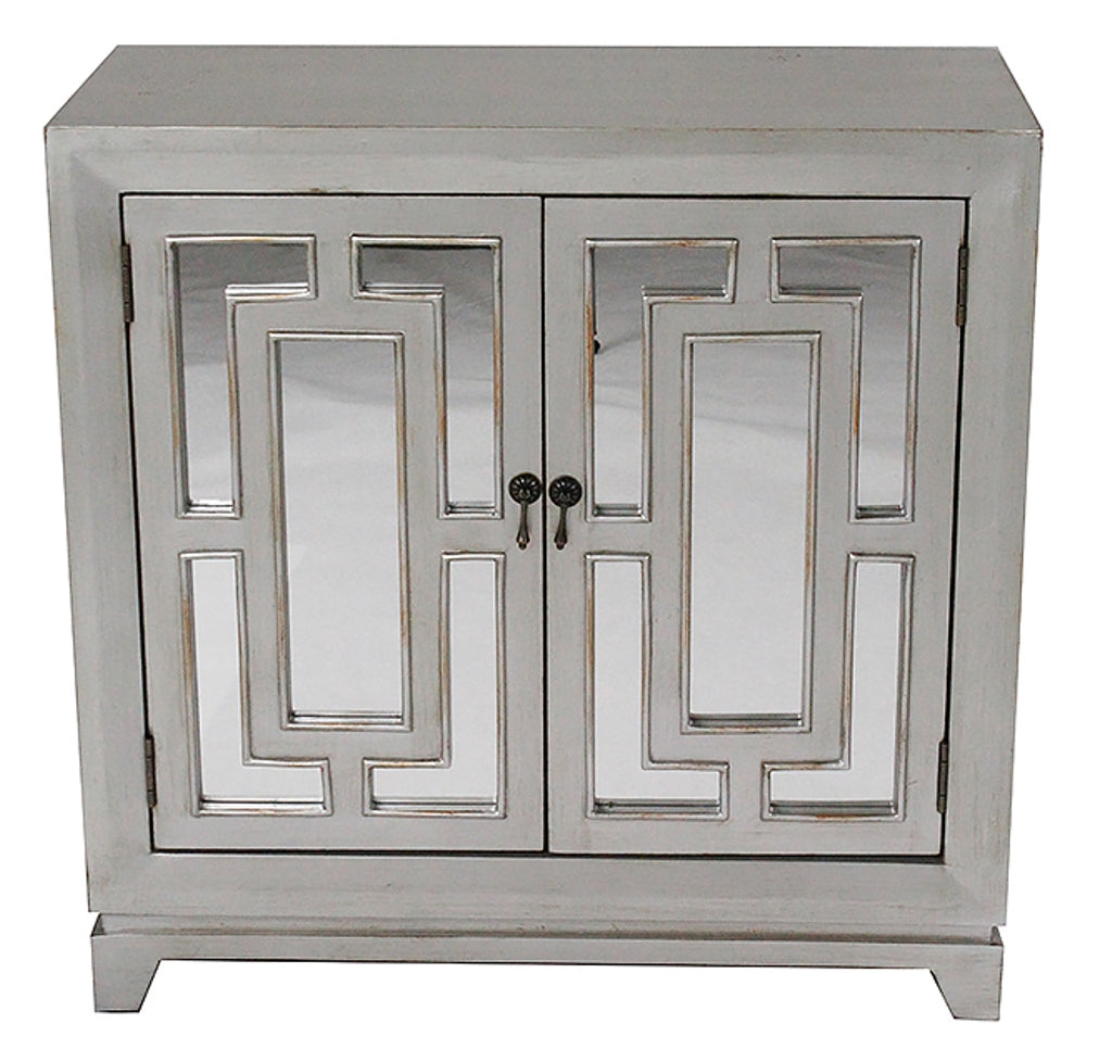 32" X 14" X 32" Antique Silver W  Gold MDF  Wood  Mirrored Glass Sideboard with  Doors and Gold Paint