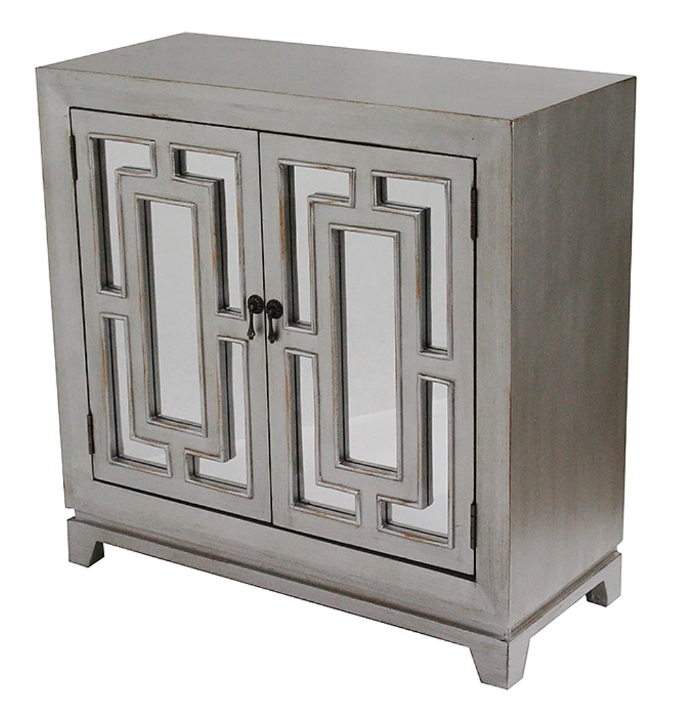 32" X 14" X 32" Antique Silver W  Gold MDF  Wood  Mirrored Glass Sideboard with  Doors and Gold Paint