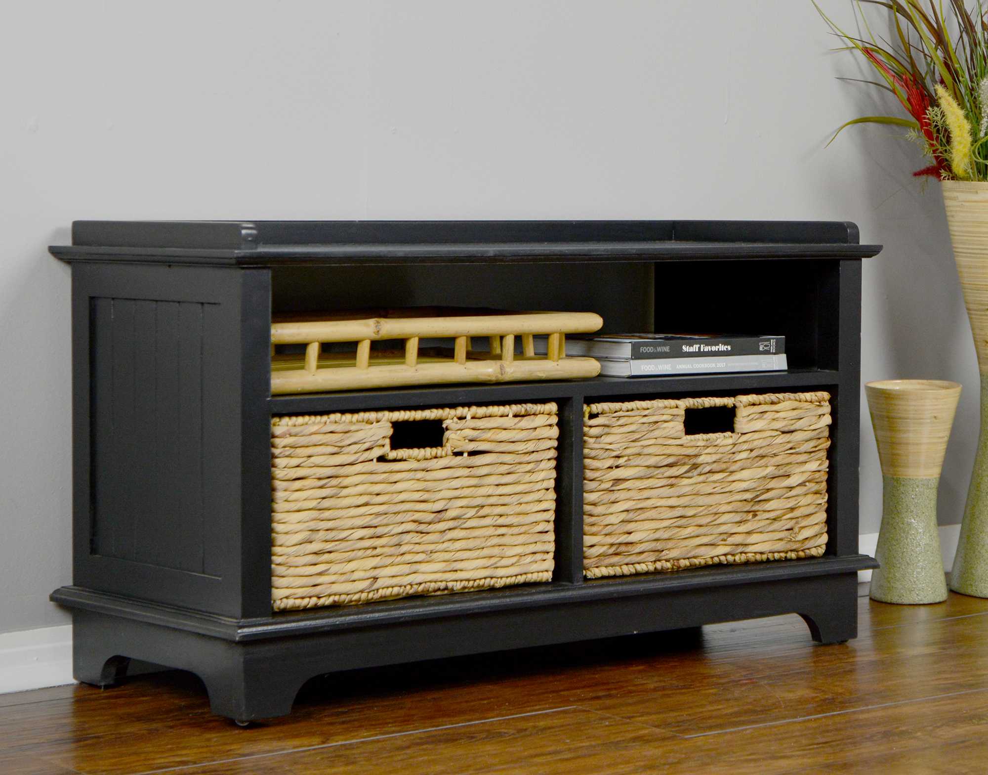38.25" X 15.75" X 21.75" Black Wood MDF Water Hyacinth Entertainment Cabinet with Hyacinth Storage Baskets