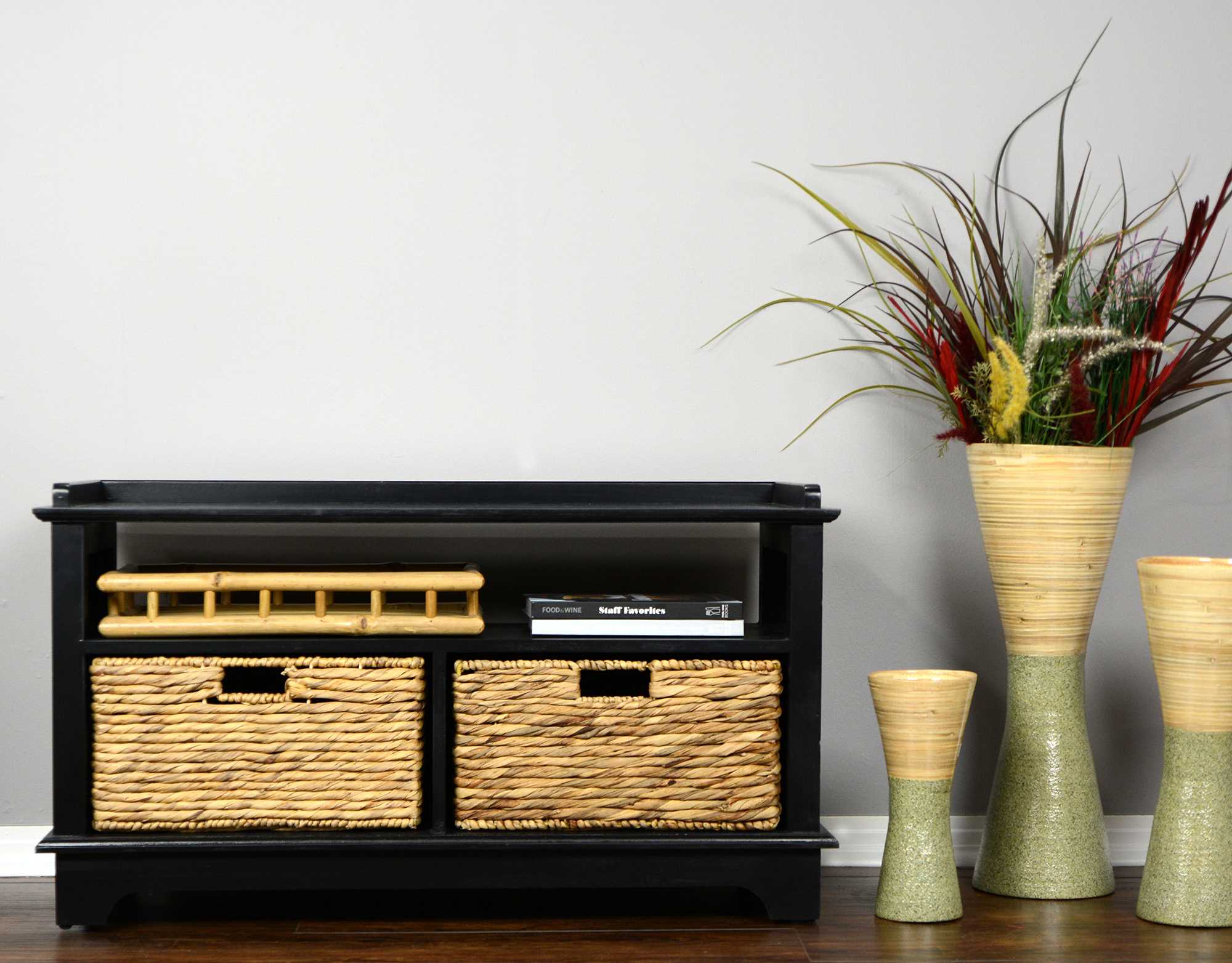 38.25" X 15.75" X 21.75" Black Wood MDF Water Hyacinth Entertainment Cabinet with Hyacinth Storage Baskets