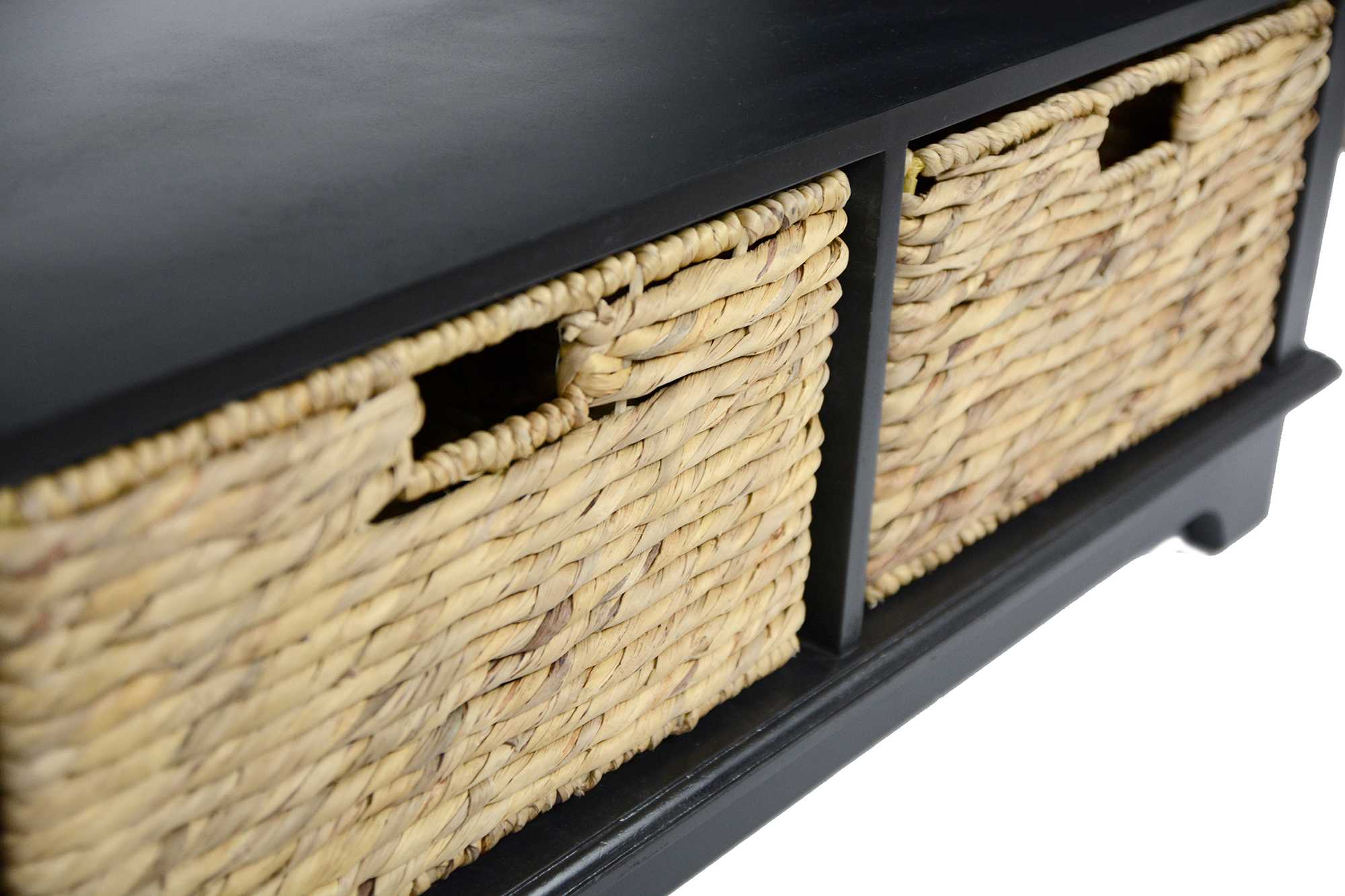 38.25" X 15.75" X 21.75" Black Wood MDF Water Hyacinth Entertainment Cabinet with Hyacinth Storage Baskets