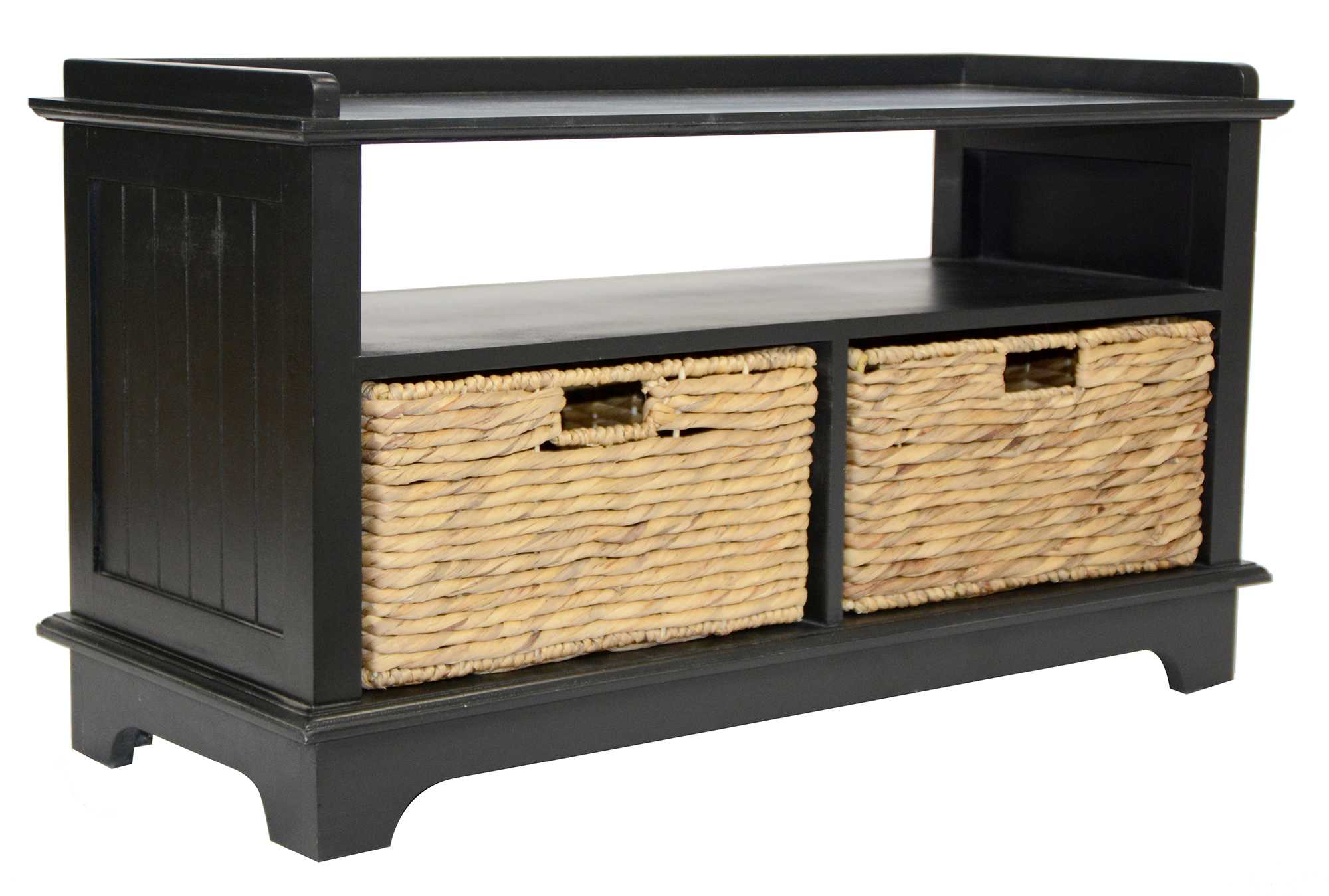 38.25" X 15.75" X 21.75" Black Wood MDF Water Hyacinth Entertainment Cabinet with Hyacinth Storage Baskets