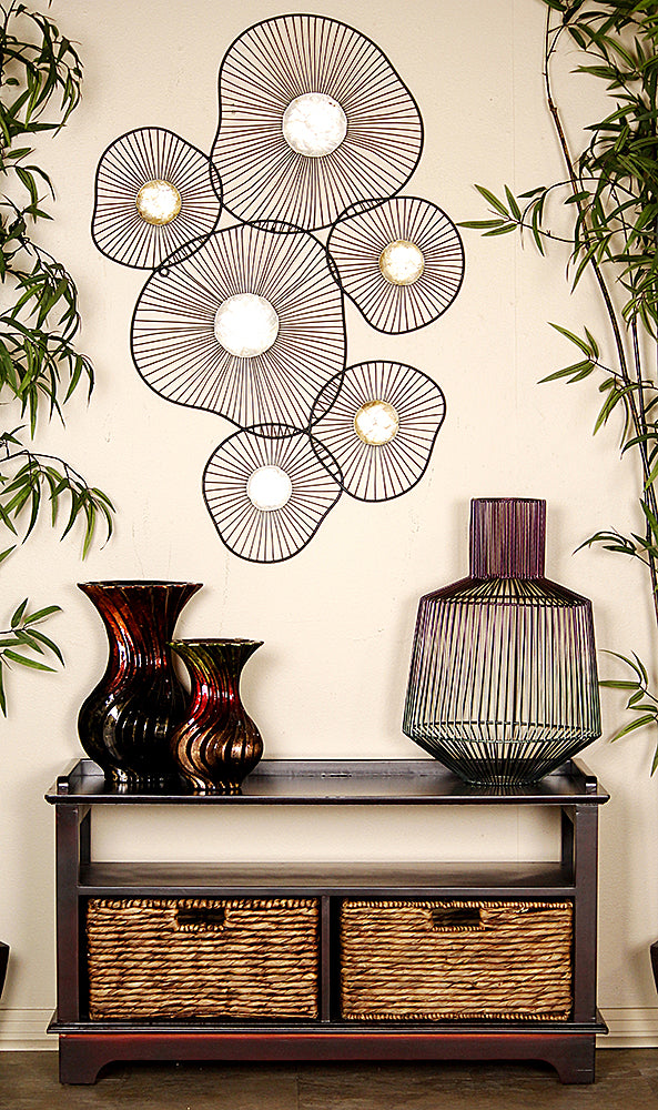 38.25" X 15.75" X 21.75" Espresso Wood MDF Water Hyacinth Entertainment Cabinet with Hyacinth Storage Baskets