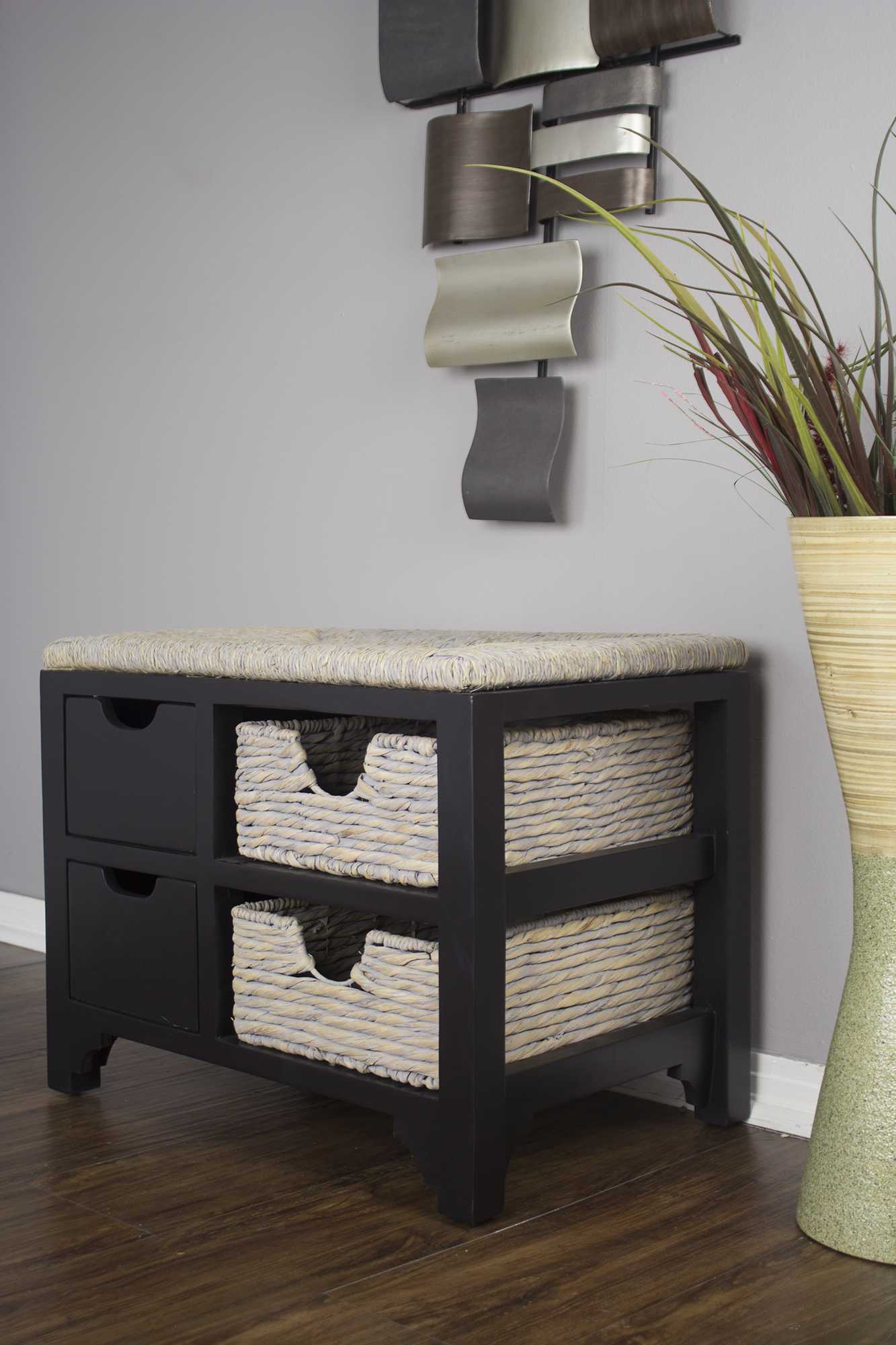 25" X 17" X 20" Black W  Gray Sea Grass Wood  MDF  Water Hyacinth Bench with  Hyacinth Baskets and a Seagrass Top
