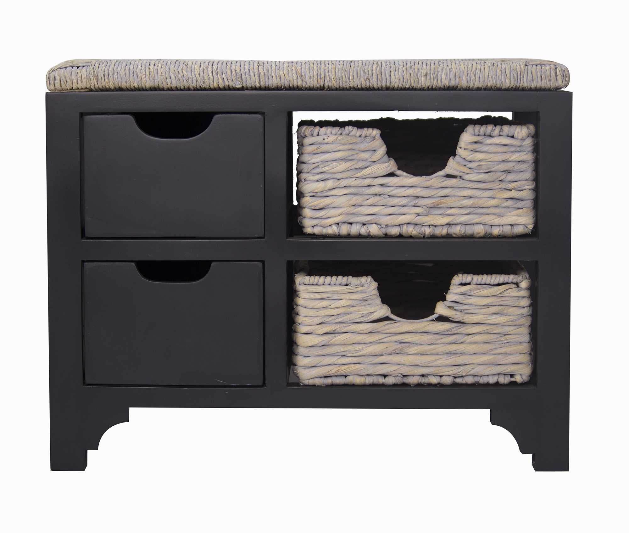 25" X 17" X 20" Black W  Gray Sea Grass Wood  MDF  Water Hyacinth Bench with  Hyacinth Baskets and a Seagrass Top