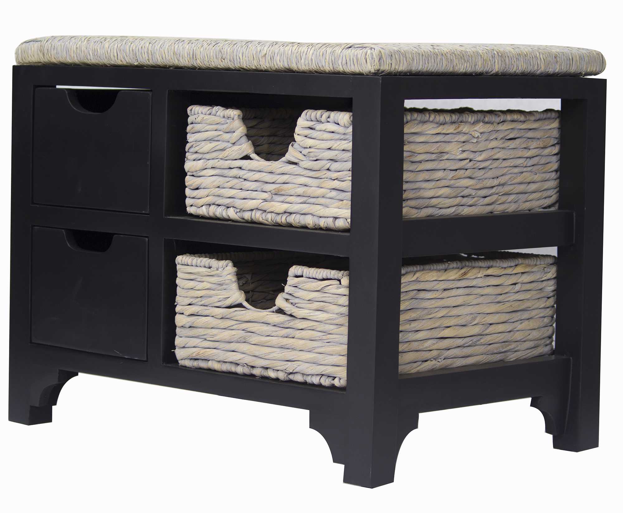 25" X 17" X 20" Black W  Gray Sea Grass Wood  MDF  Water Hyacinth Bench with  Hyacinth Baskets and a Seagrass Top