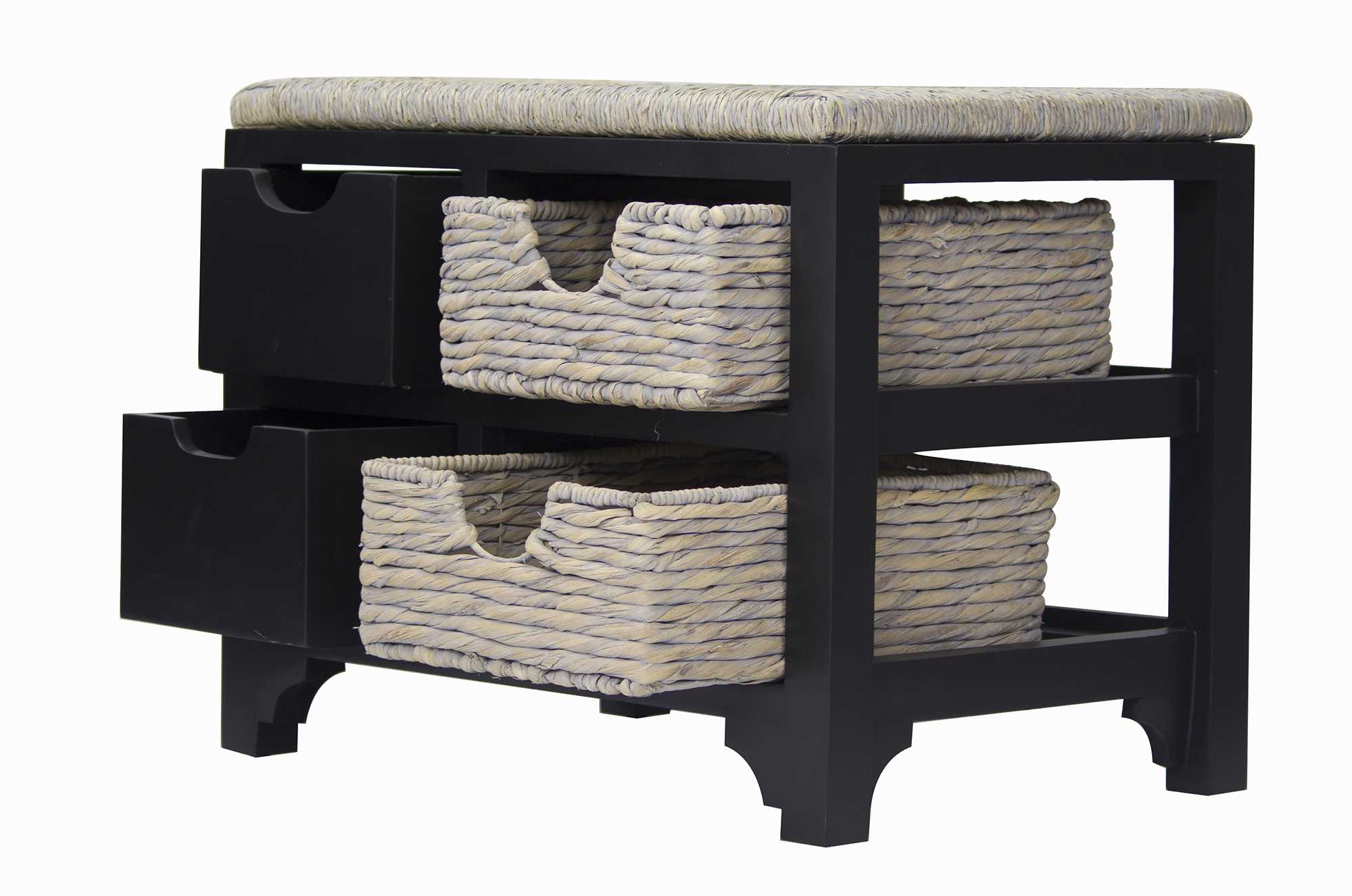 25" X 17" X 20" Black W  Gray Sea Grass Wood  MDF  Water Hyacinth Bench with  Hyacinth Baskets and a Seagrass Top