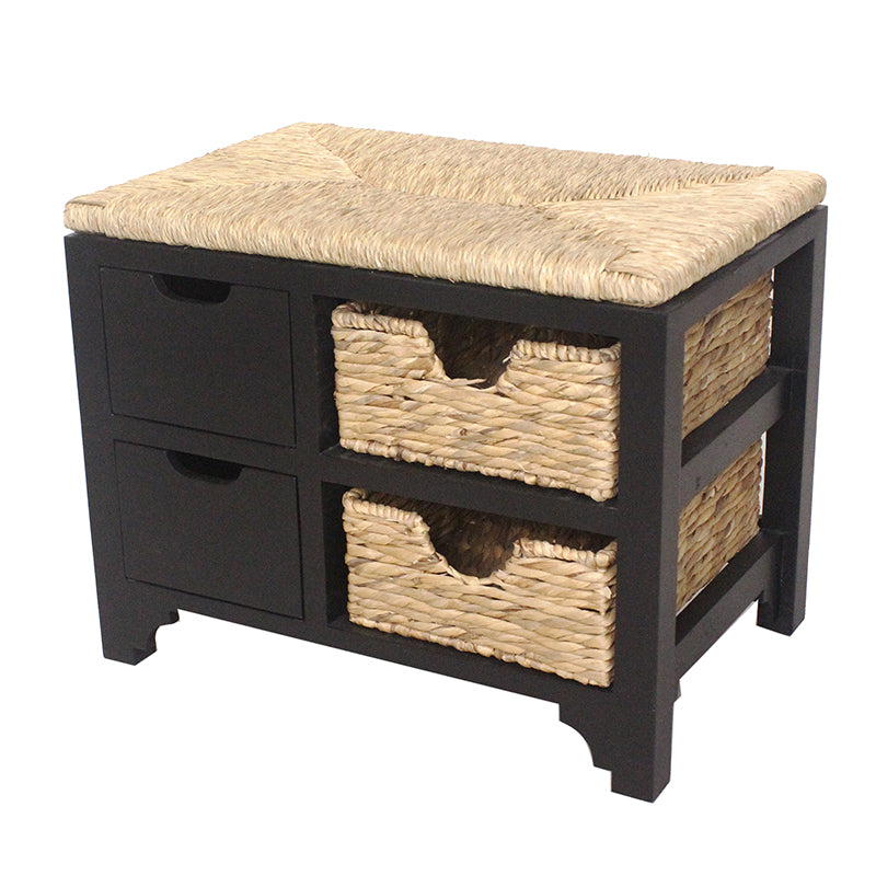 25" X 17" X 20" Black W  Natural Sea Grass Wood  MDF  Water Hyacinth Bench with  Drawers   Hyacinth Baskets  and a Seagrass Top