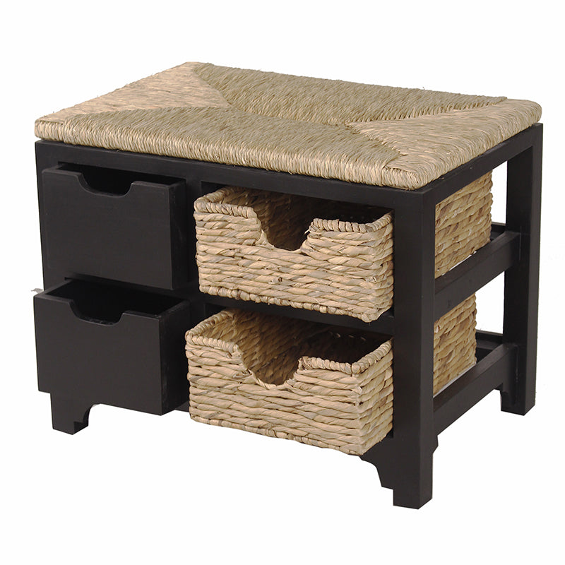 25" X 17" X 20" Black W  Natural Sea Grass Wood  MDF  Water Hyacinth Bench with  Drawers   Hyacinth Baskets  and a Seagrass Top