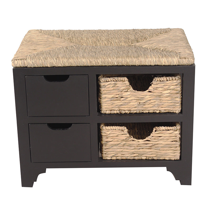 25" X 17" X 20" Black W  Natural Sea Grass Wood  MDF  Water Hyacinth Bench with  Drawers   Hyacinth Baskets  and a Seagrass Top