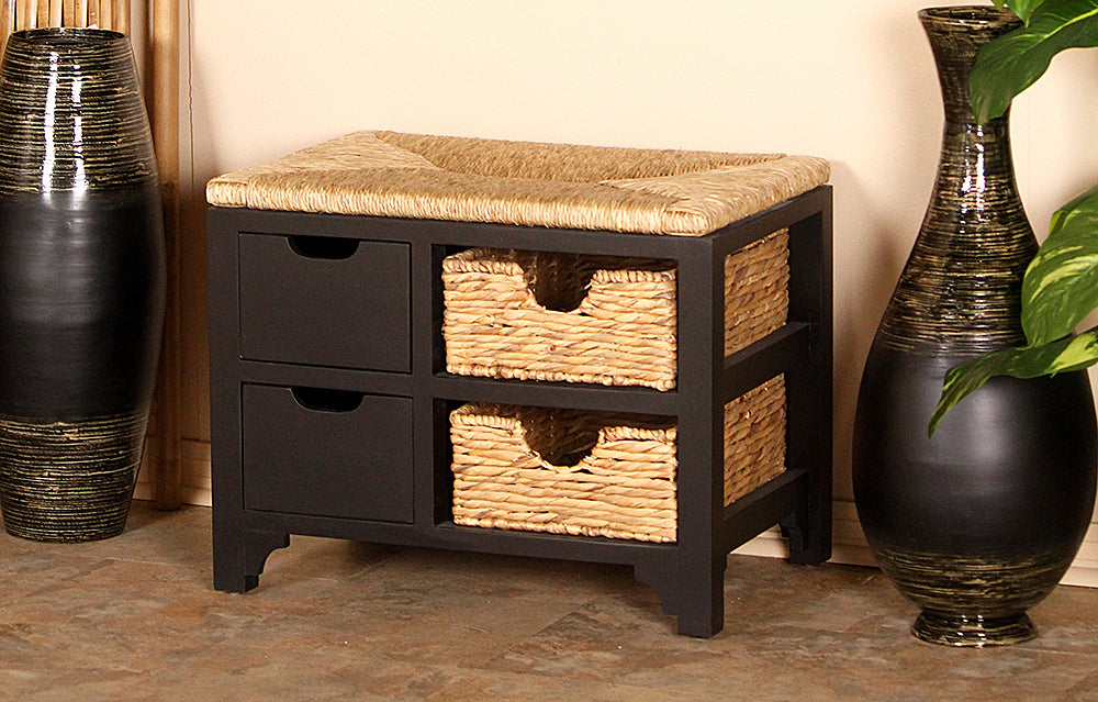 25" X 17" X 20" Black W  Natural Sea Grass Wood  MDF  Water Hyacinth Bench with  Drawers   Hyacinth Baskets  and a Seagrass Top